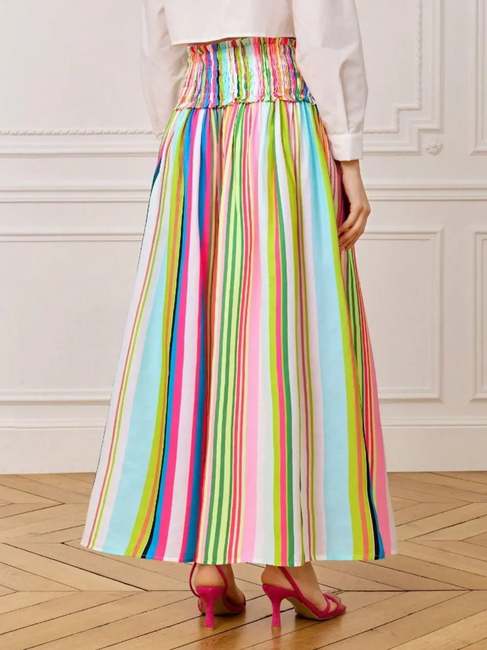 Pink Boho Women's Elegant Casual Colorful Striped Waist Ruched A-Line Skirt